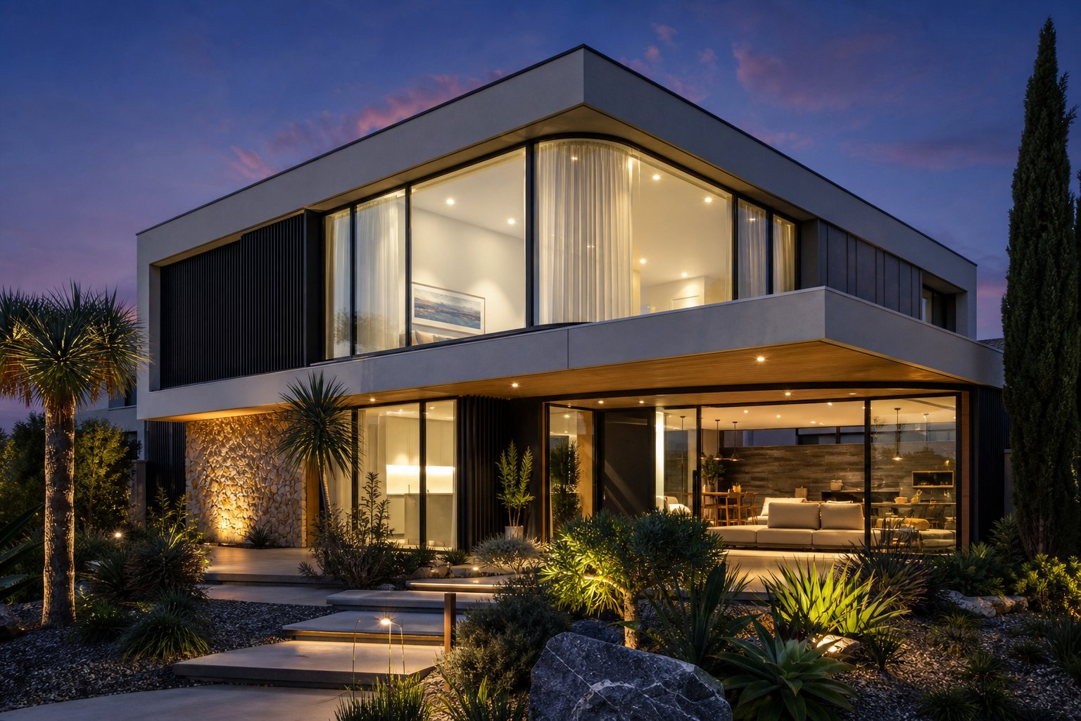 contemporary australian home showcasing a curved aluminium bay window on the upper storey with expansive glazing throughout