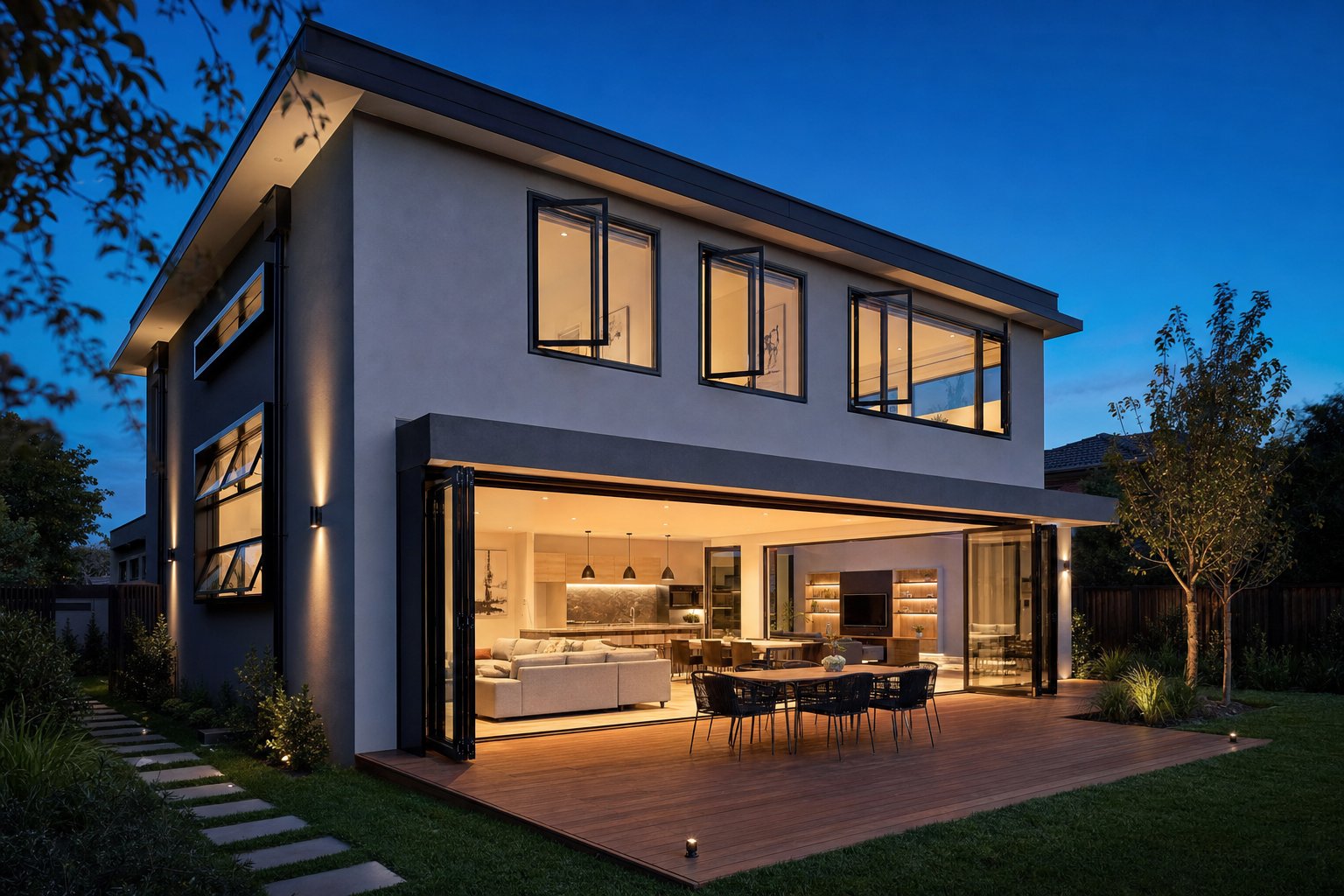 contemporary melbourne residence featuring multiple aluminium window types tailored to each room's function