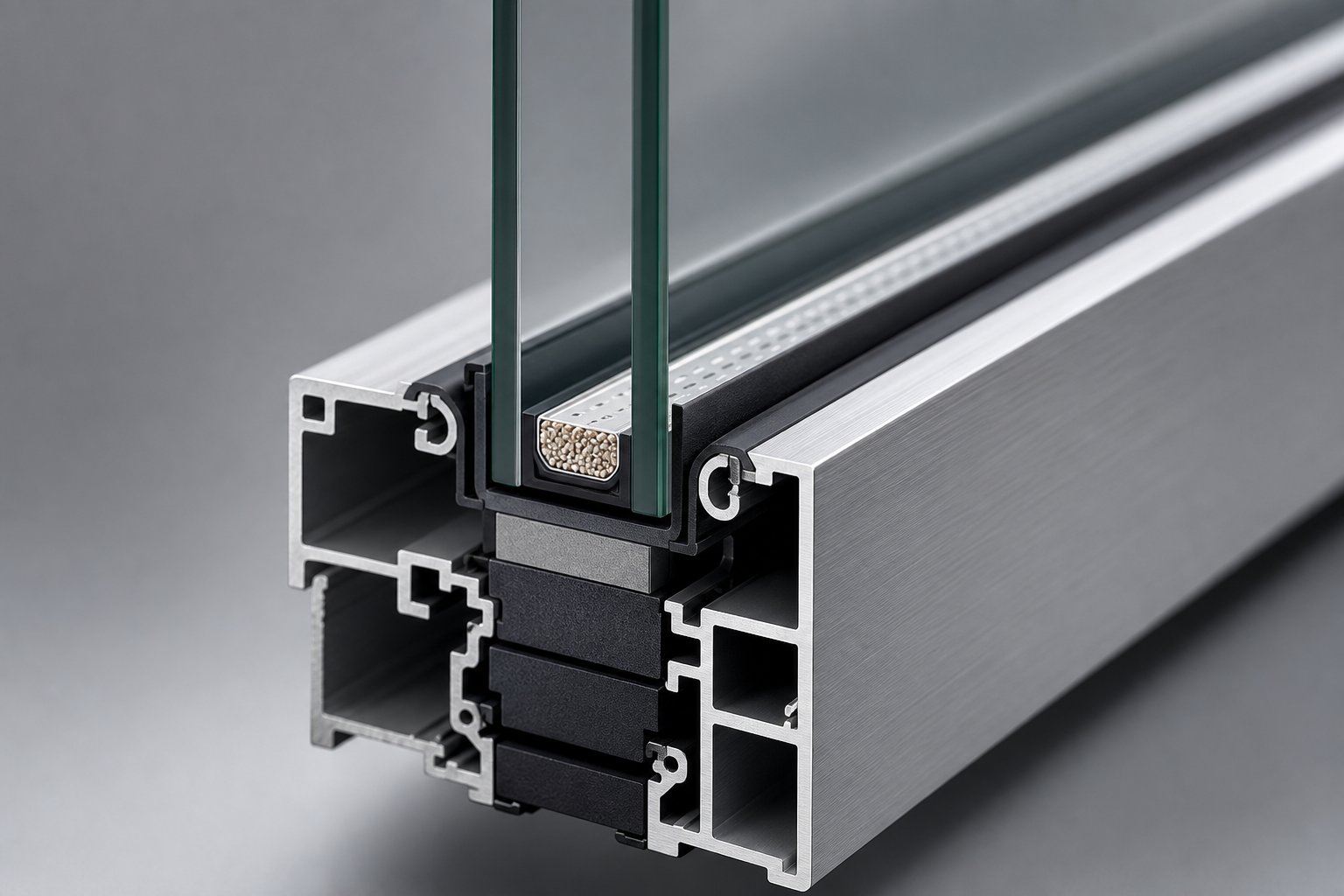 cross section of a double glazed insulated glass unit showing the sealed cavity and warm edge spacer bar within an aluminium frame