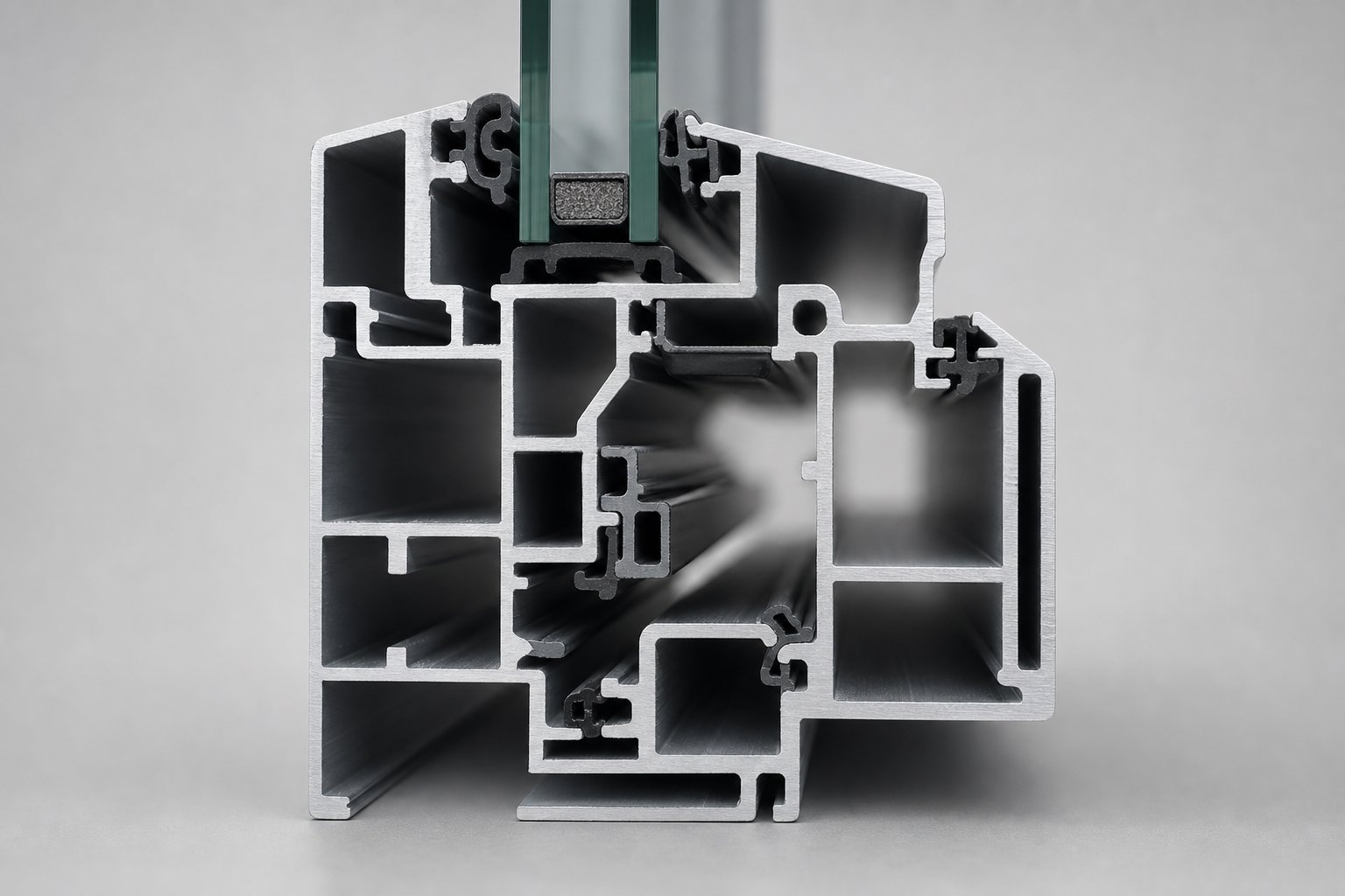 cross section of a multi chamber aluminium window profile showing internal structural design