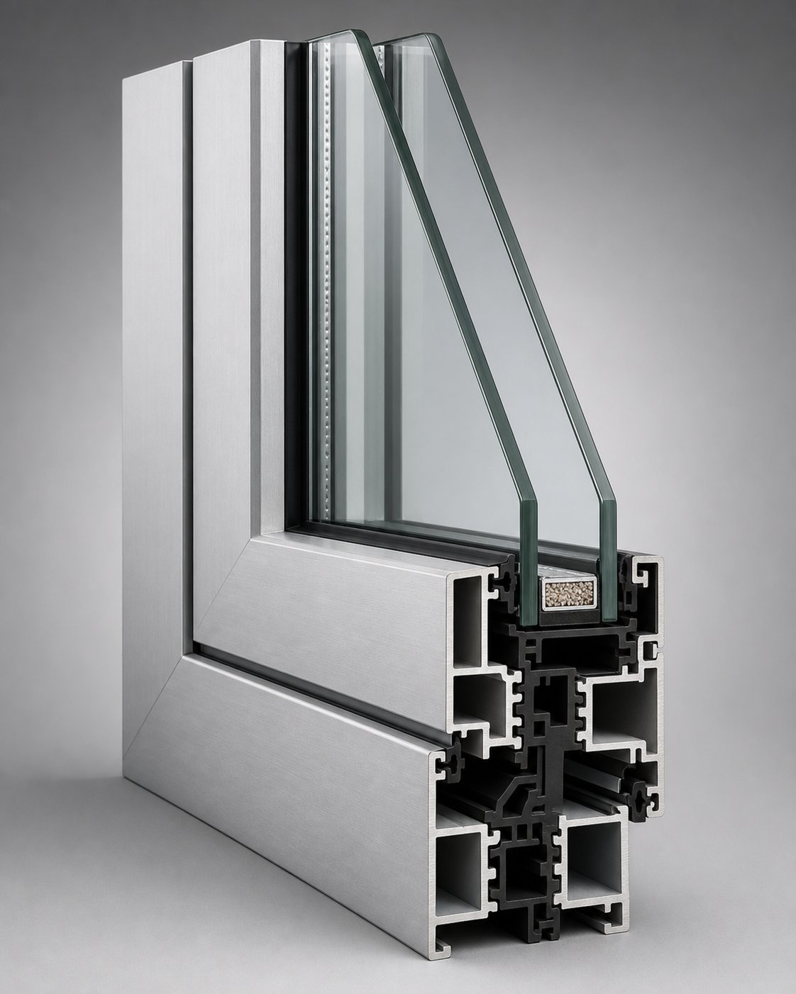 cross section of a thermally broken aluminium double hung window frame revealing the thermal break and double glazed sealed unit