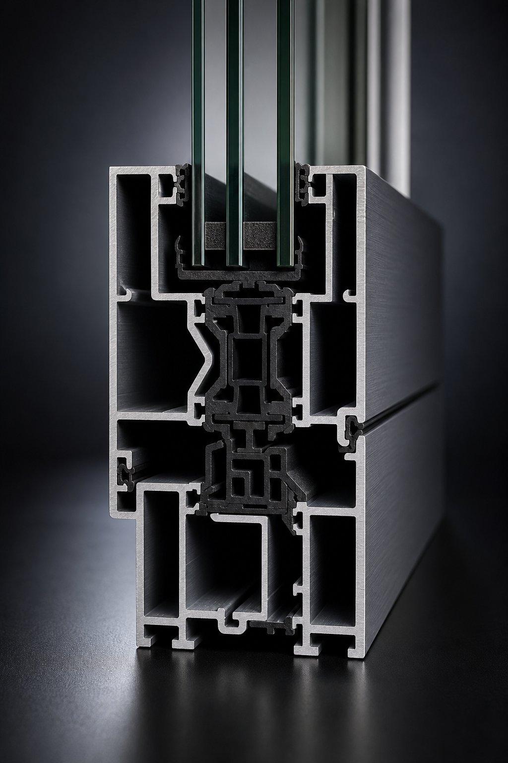 cross section of a thermally broken aluminium profile showing the polyamide strip separating interior and exterior aluminium faces