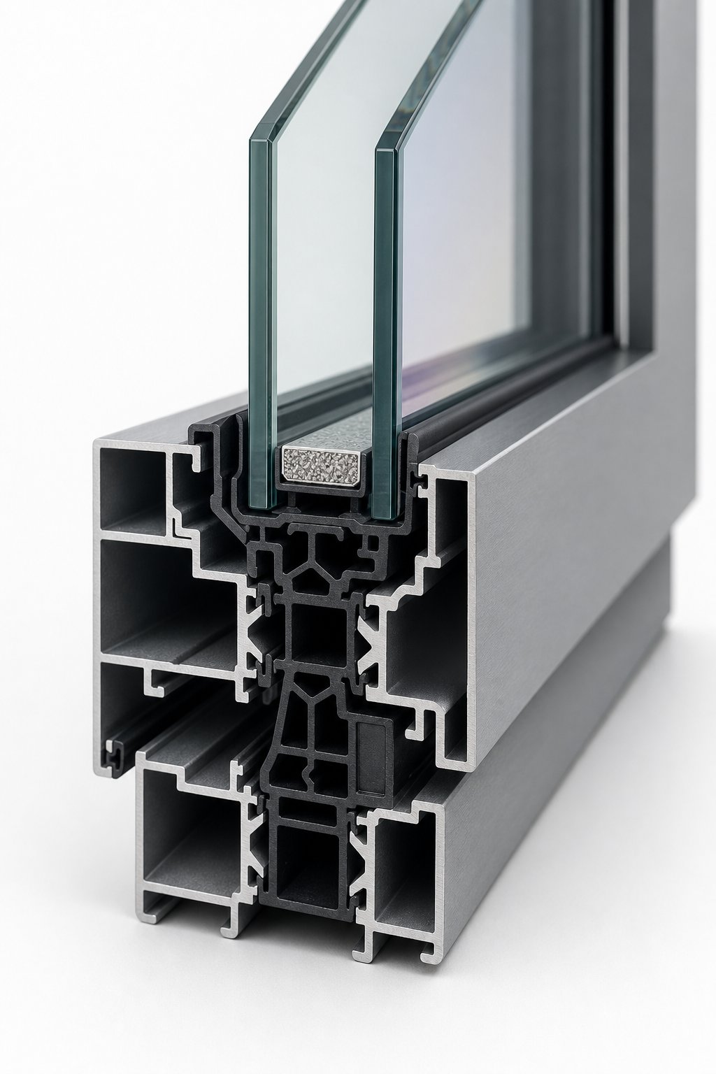 cross section of a thermally broken aluminium window profile showing polyamide thermal break and double glazed sealed unit