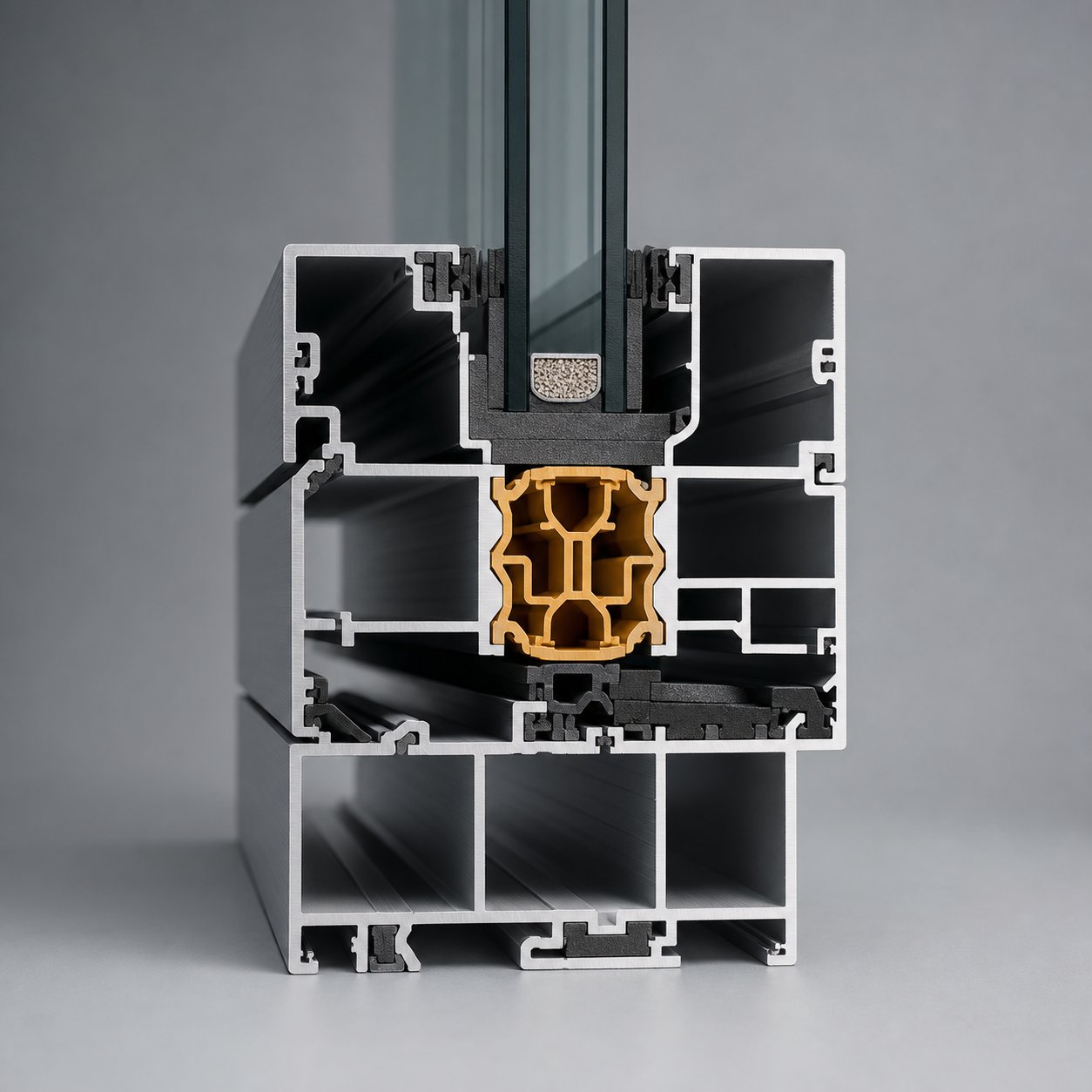 cross section of a thermally broken aluminium window profile showing the insulating polyamide barrier