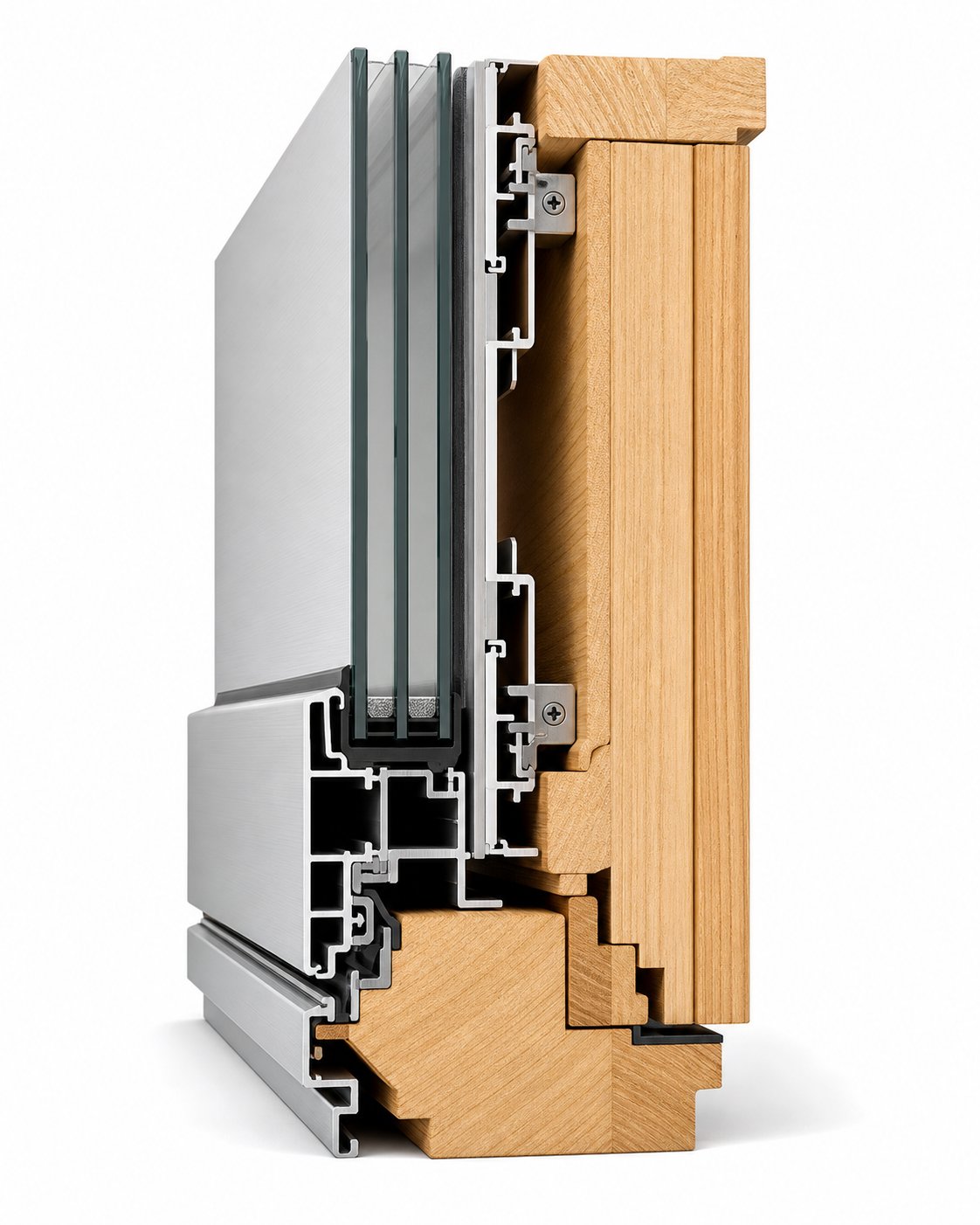 cross section of an aluminium clad wood window frame showing the protective metal exterior over the insulating timber core