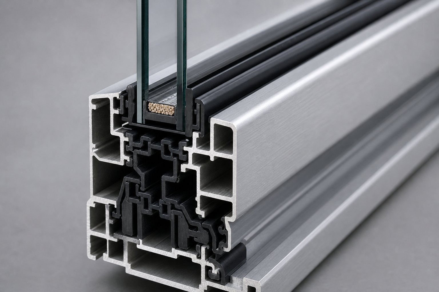 cross section view of an aluminium sliding window frame showing profile thickness thermal break and weatherseal construction