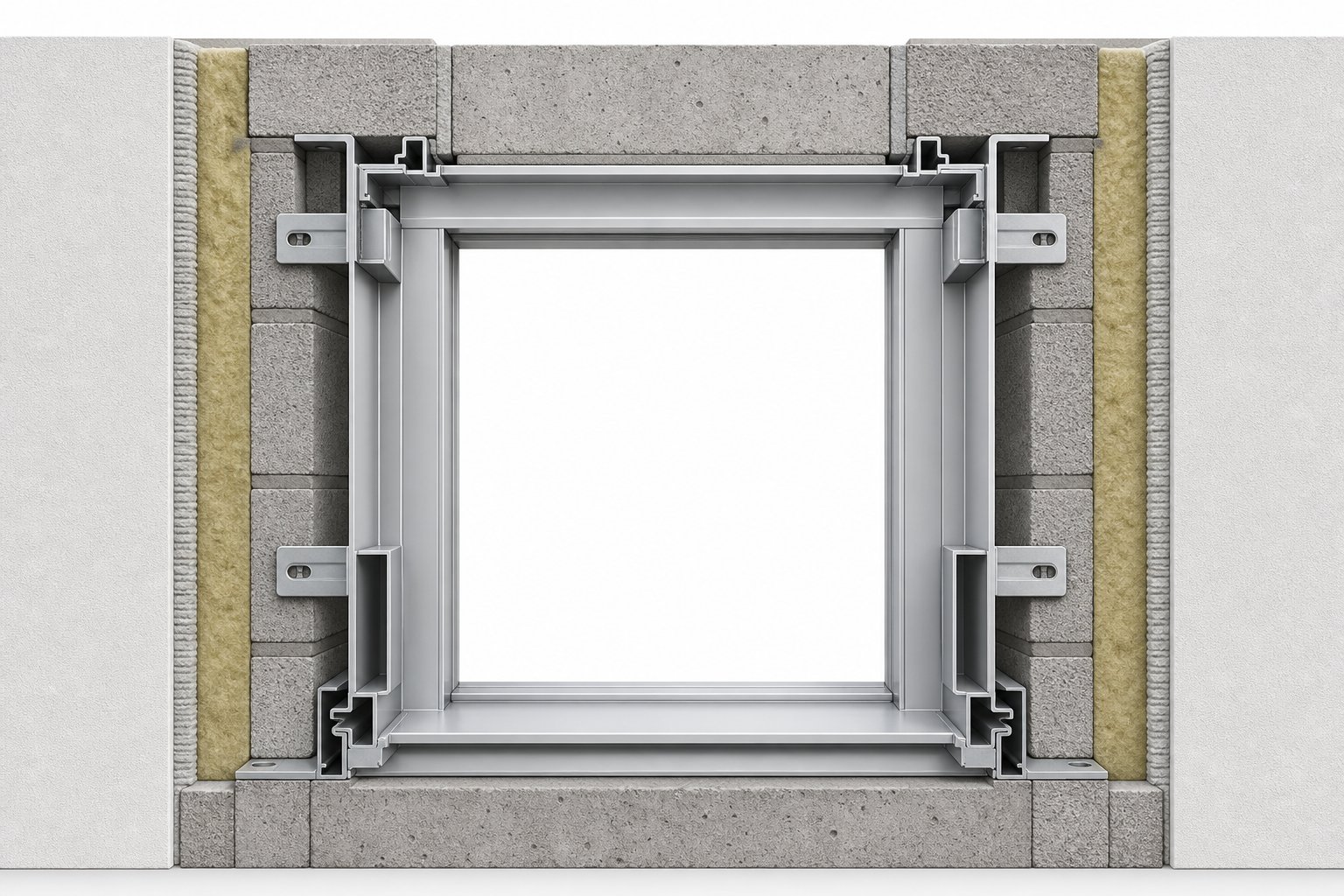 cross section view of an aluminium subframe profile showing engagement channels and fixing flanges within a masonry wall