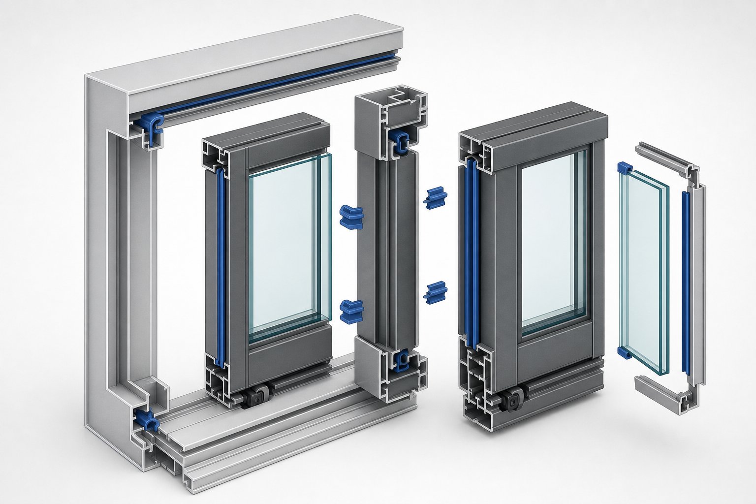 cross sectional view showing the key aluminium profiles within a sliding window assembly