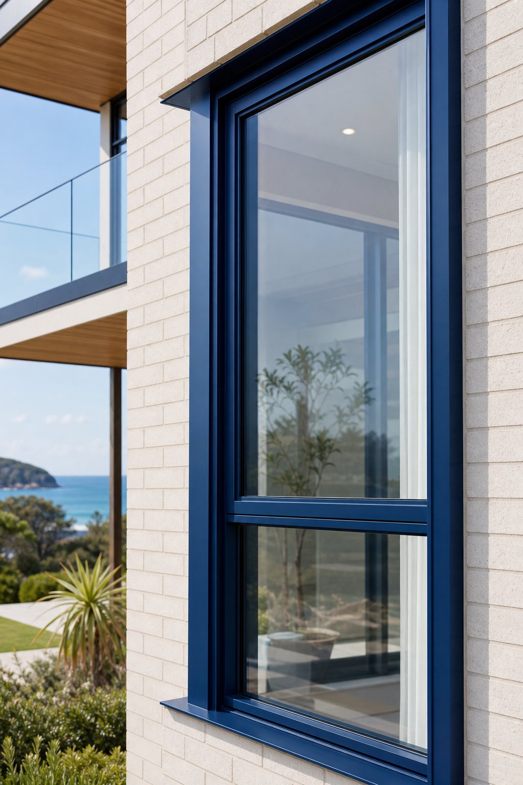 deep blue powder coated aluminium frame showing how shade intensity reads against light toned brickwork in direct sunlight