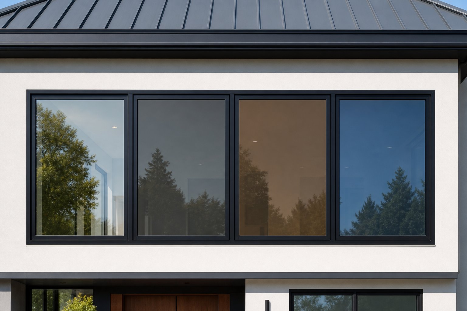different aluminium window glass tint options displayed side by side in matching black frames