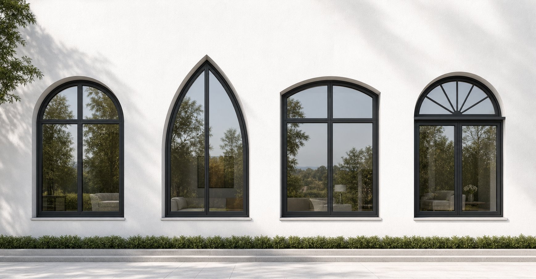 different arched aluminium window styles including semicircular gothic pointed segmental and half moon fanlight profiles