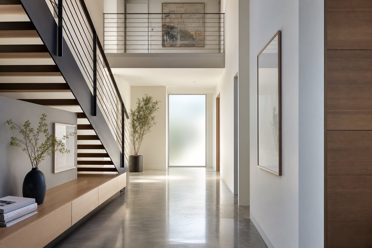 diffused natural light streaming through frosted aluminium glazing creates an even ambient glow without compromising privacy