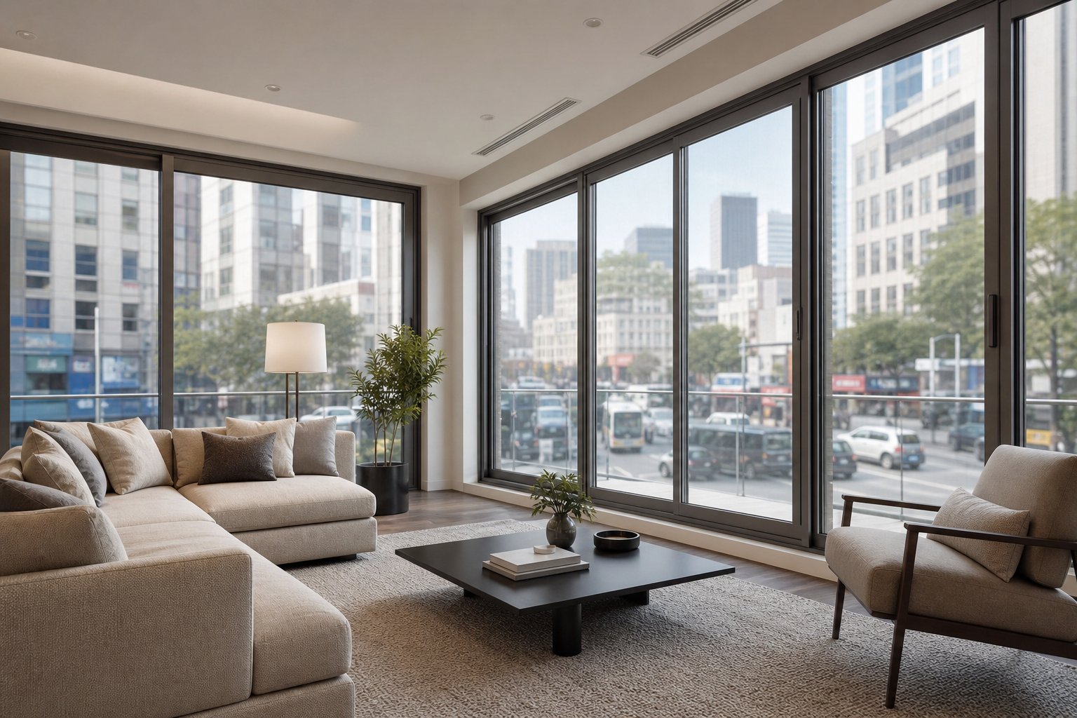 double glazed aluminium sliding windows providing acoustic insulation from urban noise in a contemporary living space