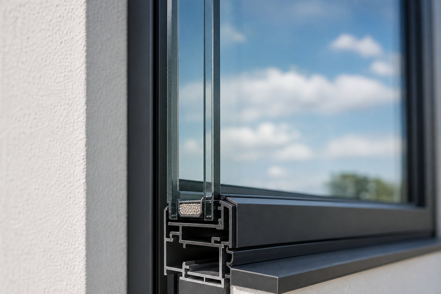 double glazed aluminium window unit showing sealed cavity and slim thermally broken frame profile for enhanced thermal performance
