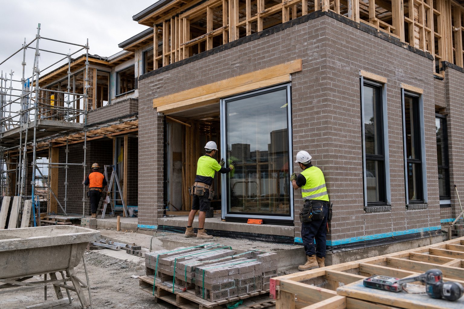 double glazed aluminium windows being installed during new home construction with openings framed to precise dimensions