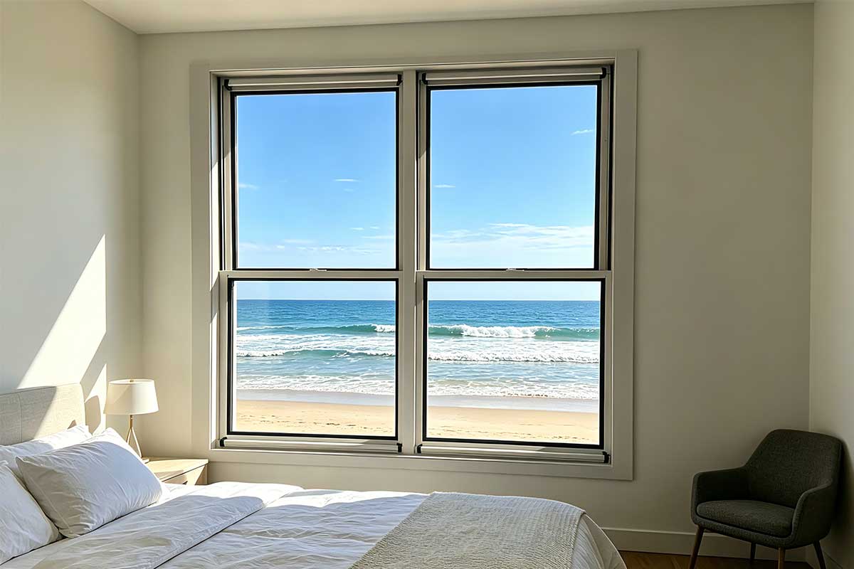 double hung aluminium windows open at top and bottom for natural cross ventilation in a modern australian living space