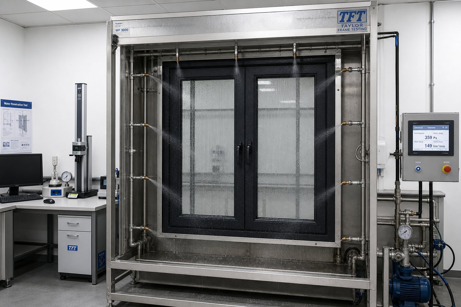 fabricated aluminium window undergoing water penetration testing to verify weather performance