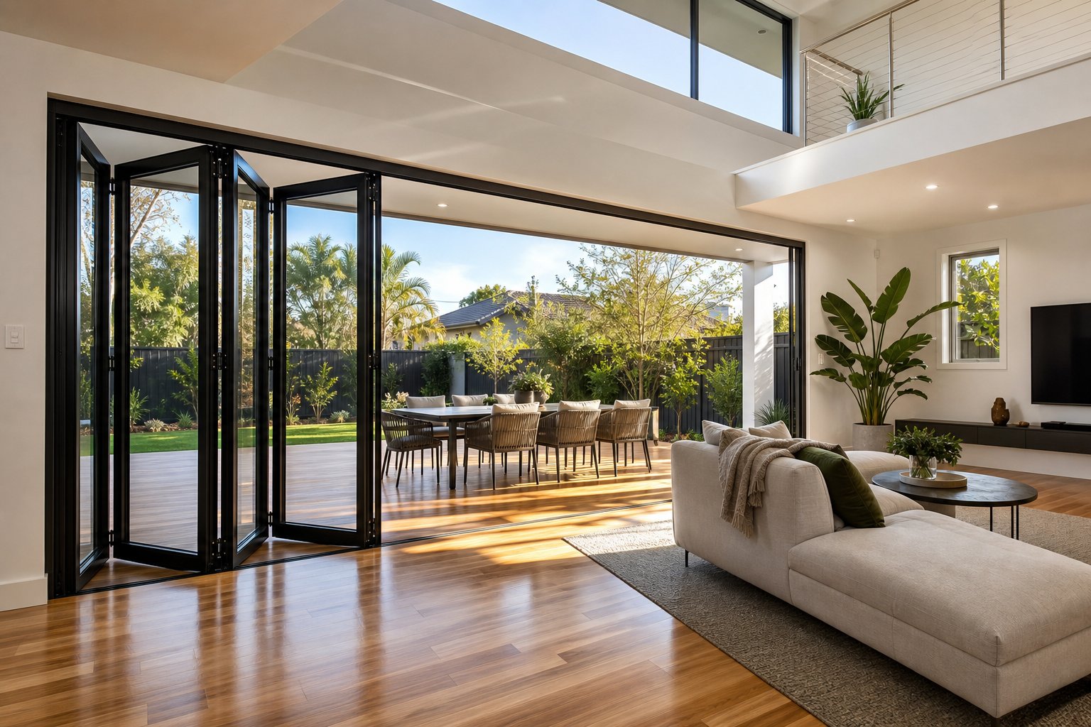 four panel aluminium bi fold door delivering wide opening access as a cost effective alternative to larger systems