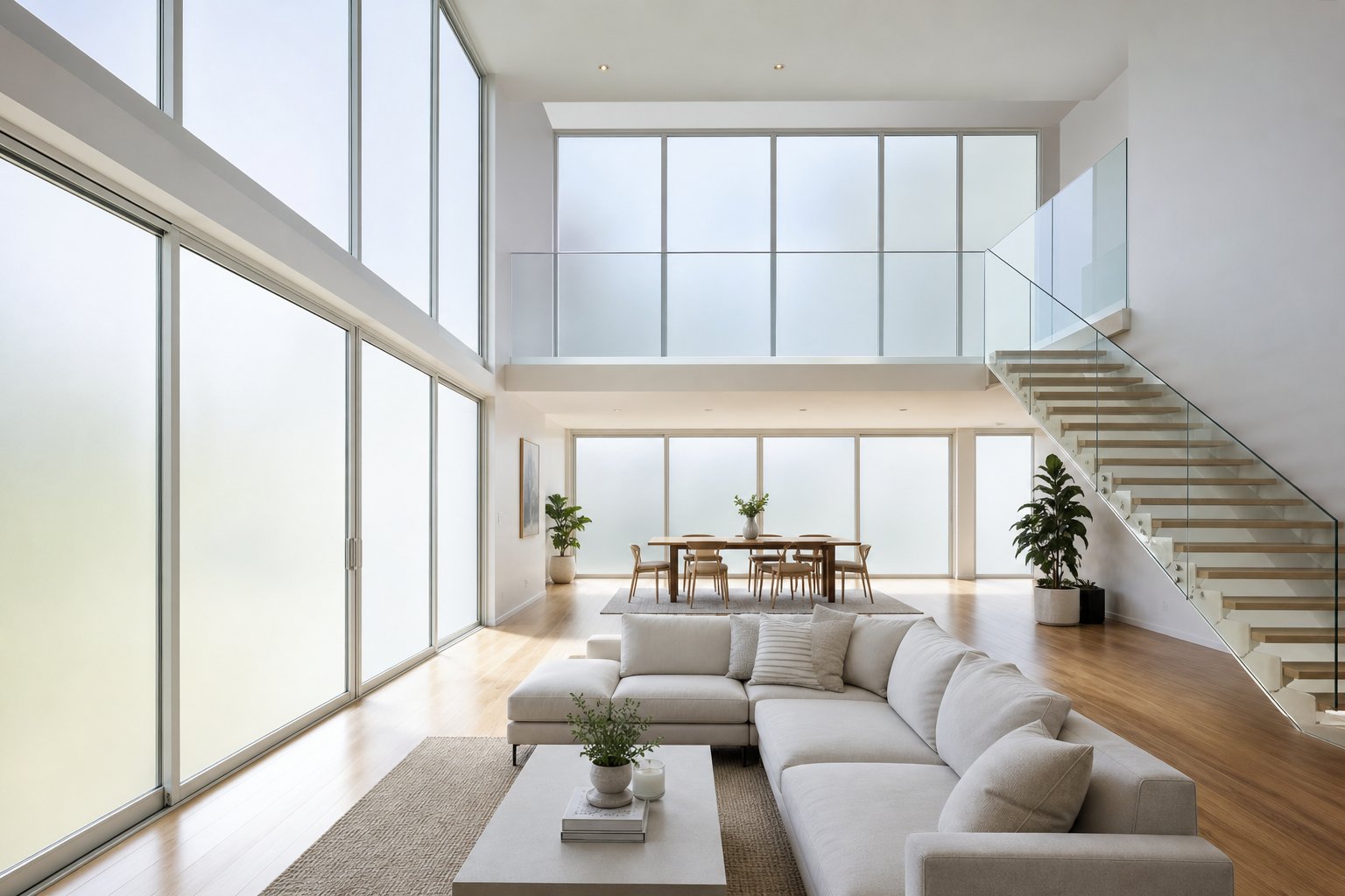 frosted aluminium windows eliminate the need for curtains or blinds while flooding interiors with soft natural daylight