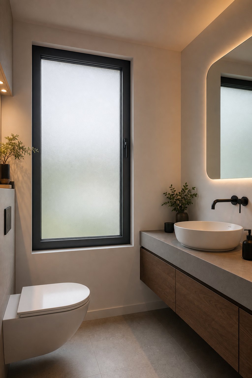 frosted privacy glass in an aluminium frame admitting soft natural light while blocking exterior sightlines