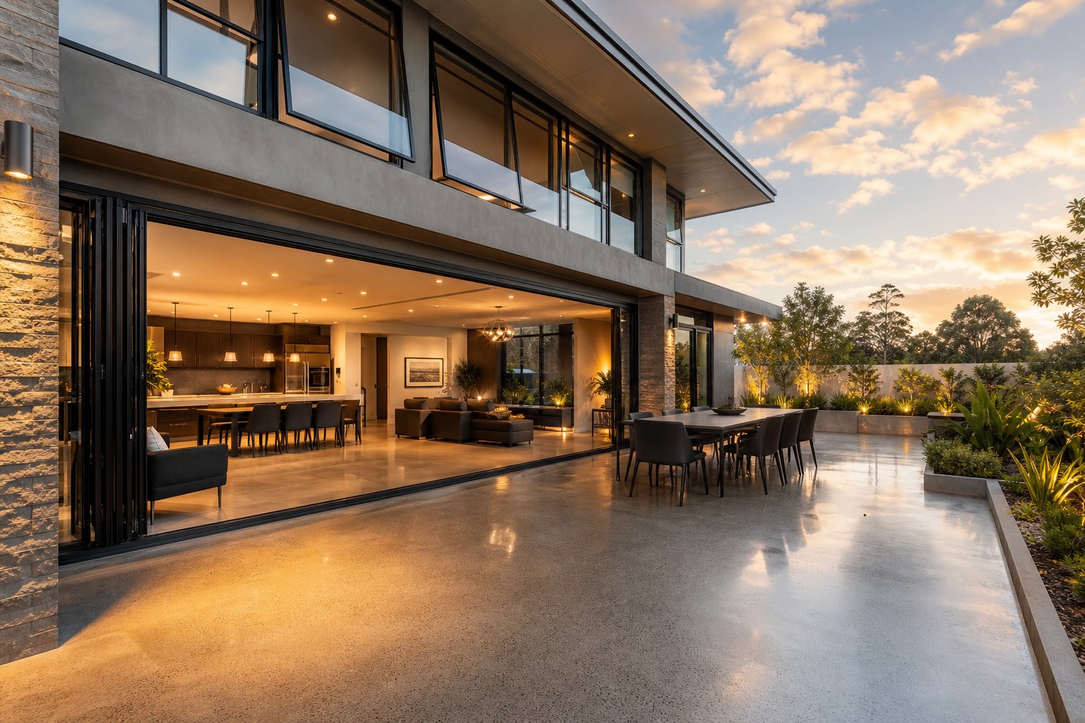 full aluminium window and door system combining bifold fixed and awning styles from a single supplier for a cohesive modern home design