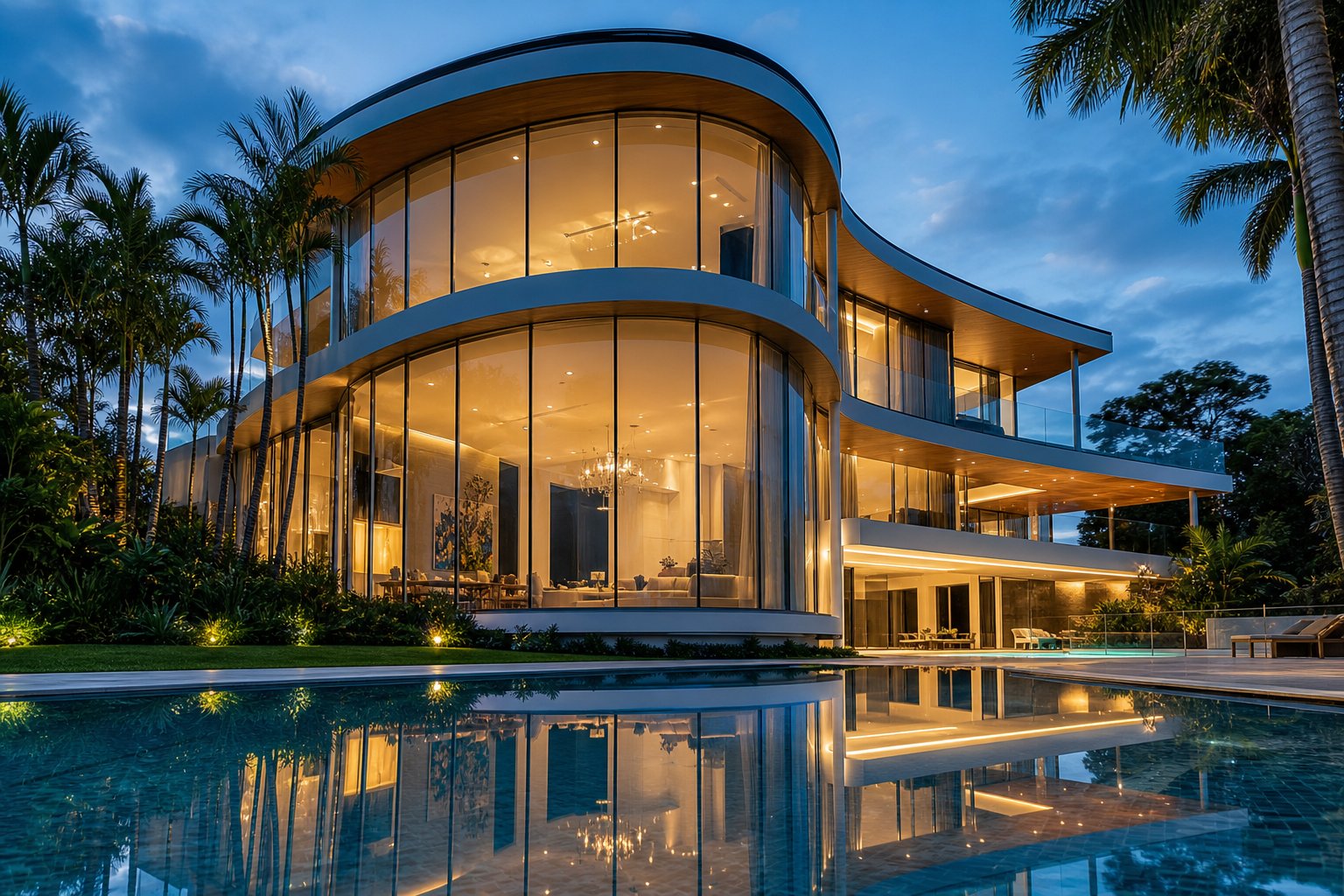 full height curved aluminium glazing wrapping a luxury living space for seamless indoor outdoor connection