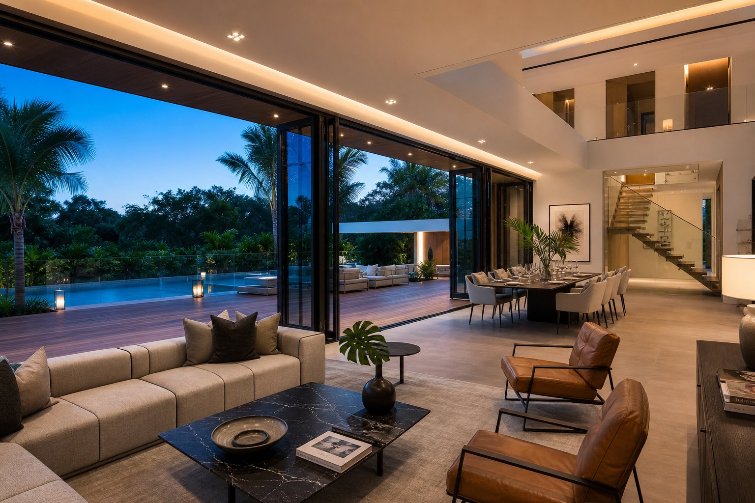 full height french aluminium windows opened wide to connect a modern living area with an outdoor entertaining deck and pool
