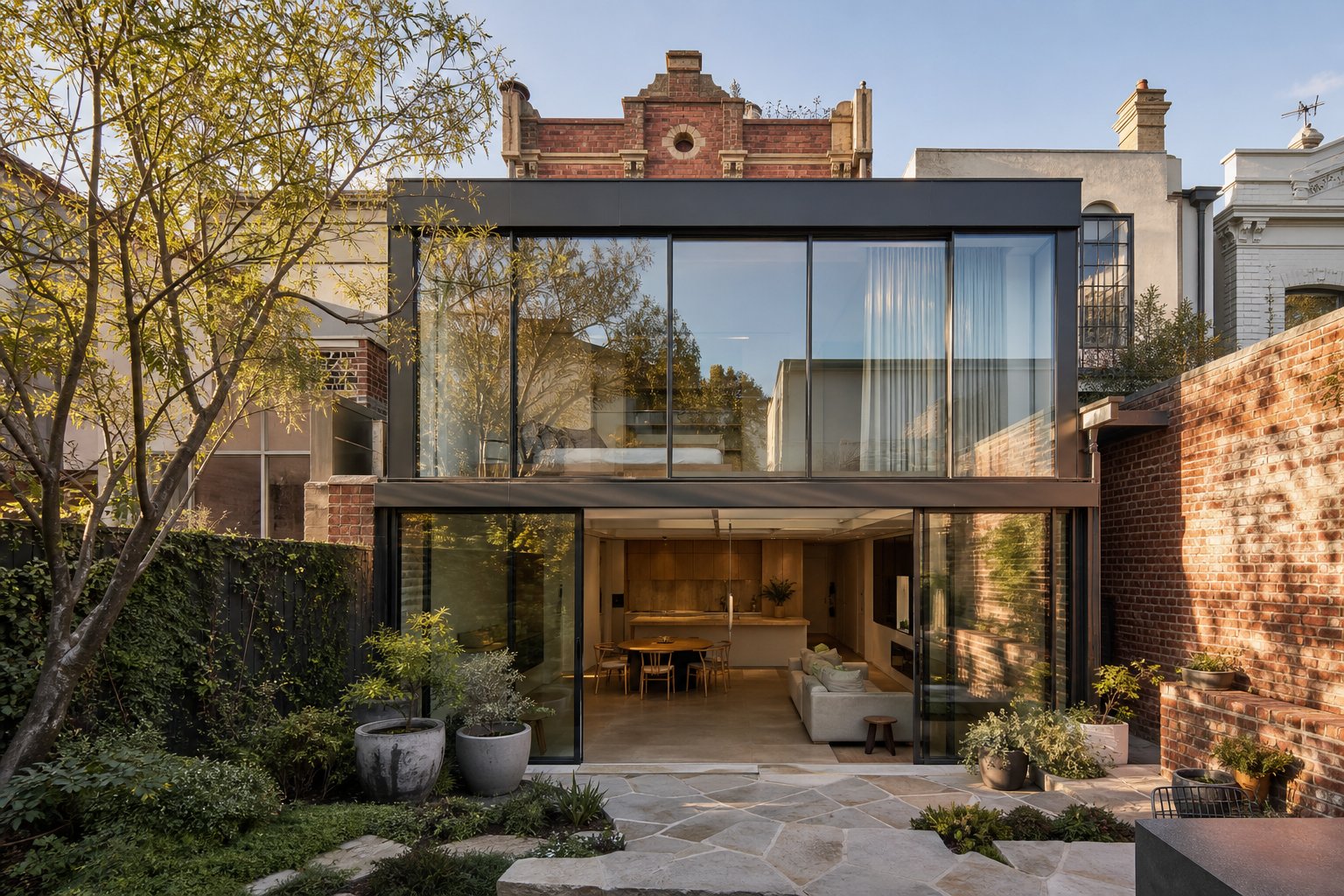 heritage melbourne terrace with contemporary rear extension featuring floor to ceiling aluminium sliding windows