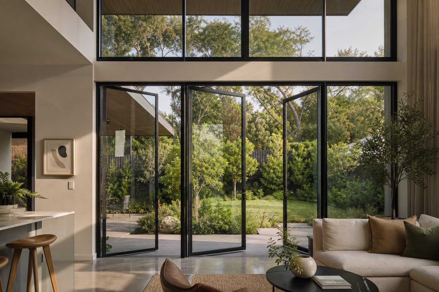 high performance double glazed french aluminium windows flooding a modern living space with natural light while maintaining thermal comfort