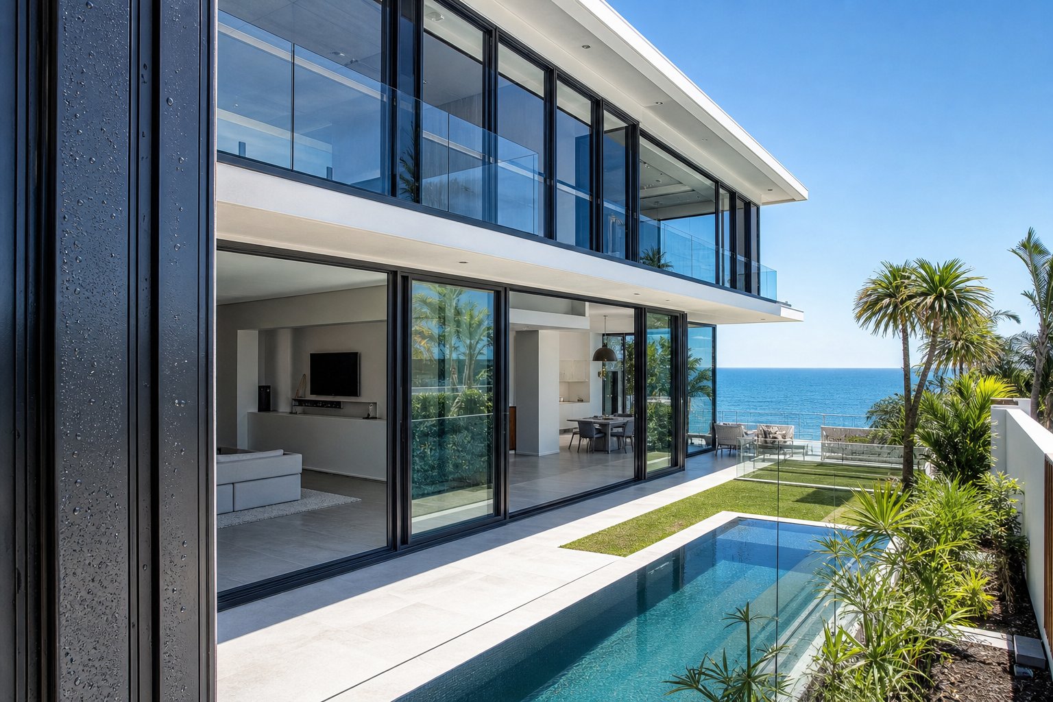 hydrophobic protective coating on aluminium frames causes water to bead and roll off ideal for coastal homes