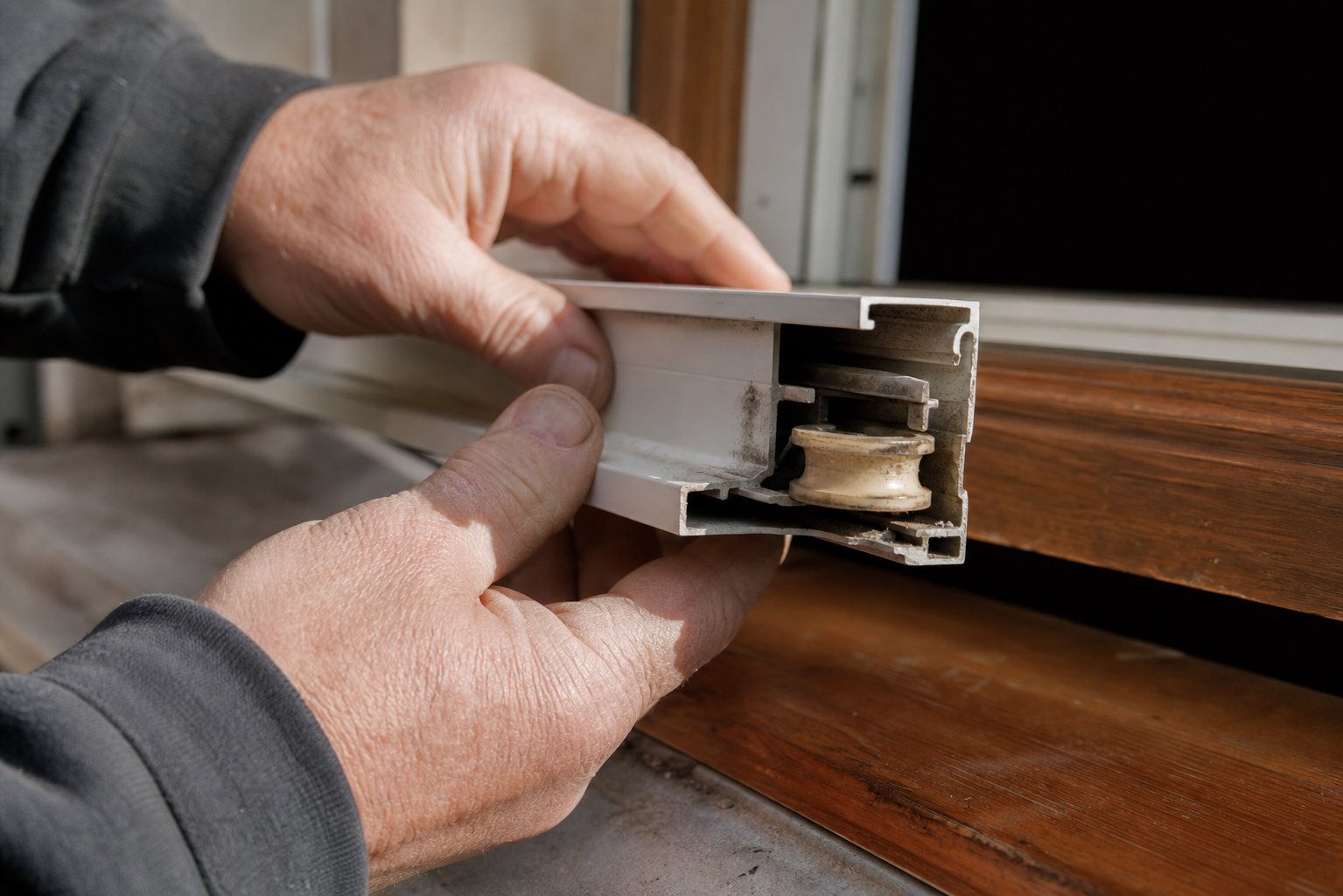 inspecting a worn aluminium window runner wheel for flat spots and bearing condition before deciding on replacement