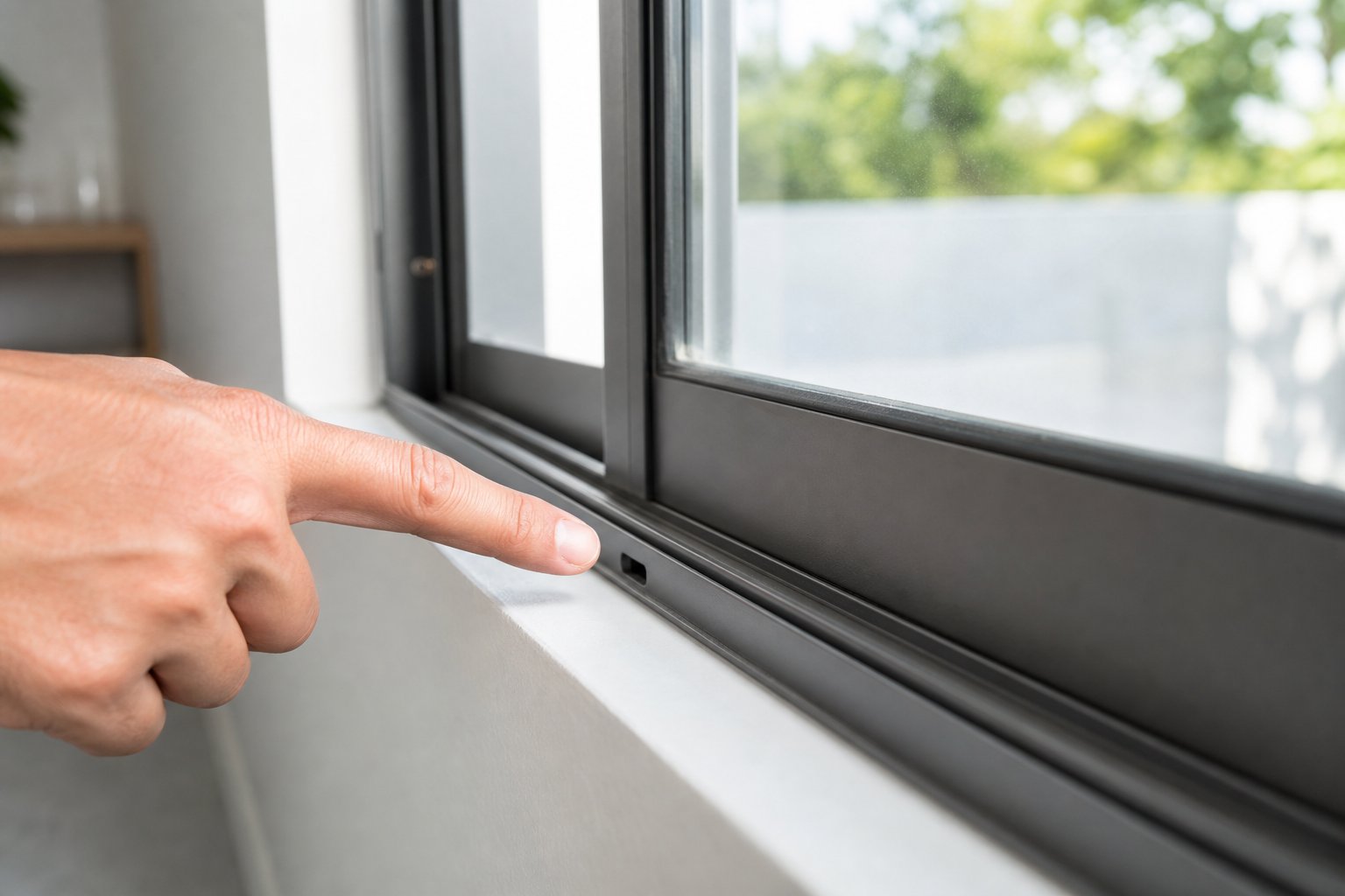 inspecting weep holes along the bottom track of an aluminium window frame to locate the source of water ingress