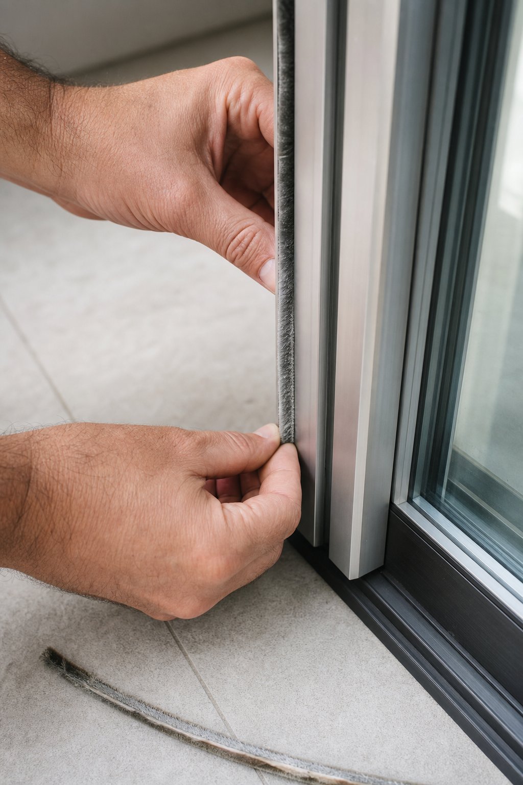 installing new pile weatherstripping into an aluminium sliding door frame channel to eliminate drafts