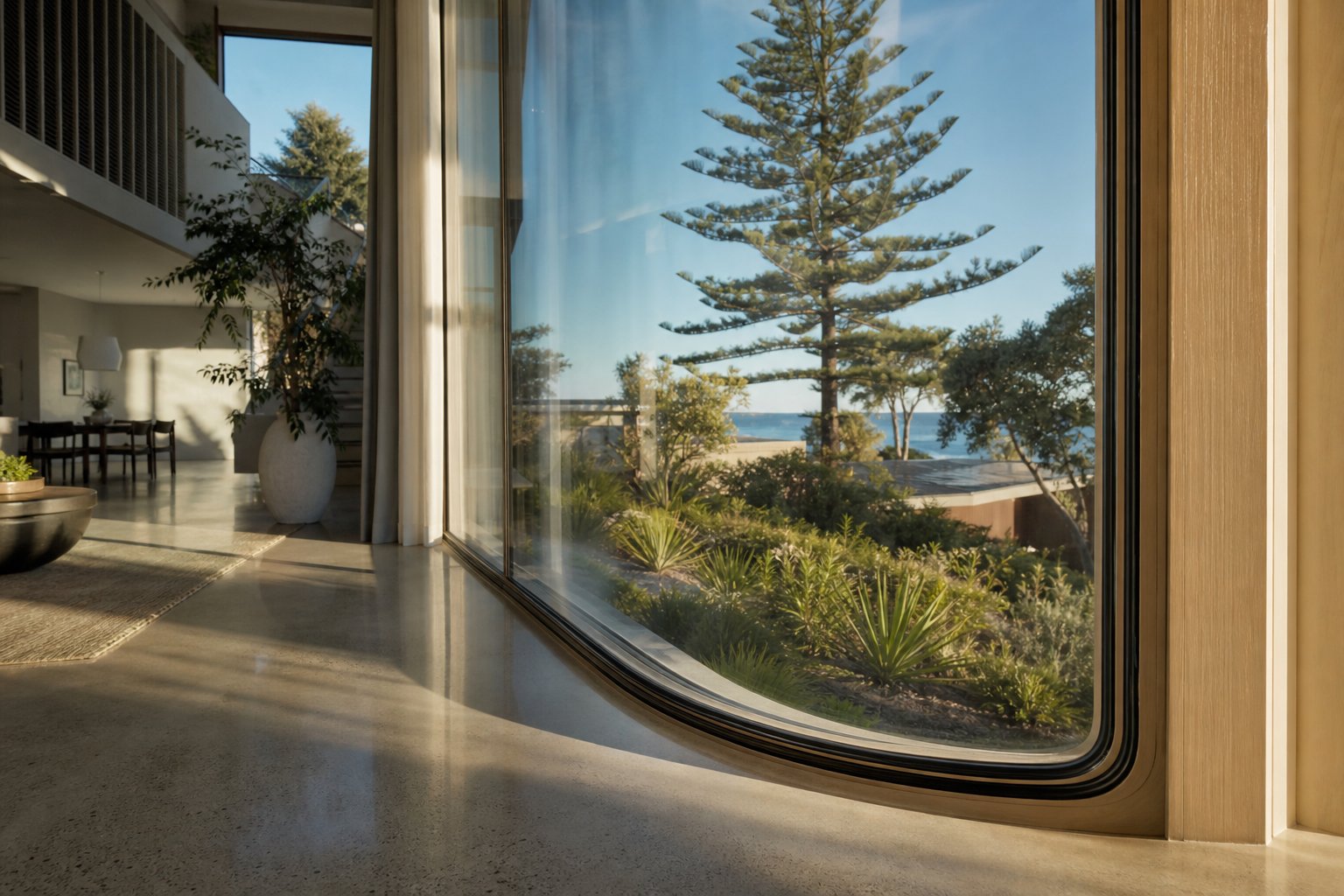 interior perspective showing curved aluminium window frame with thermal break technology and seamless weatherseal integration in a modern living space
