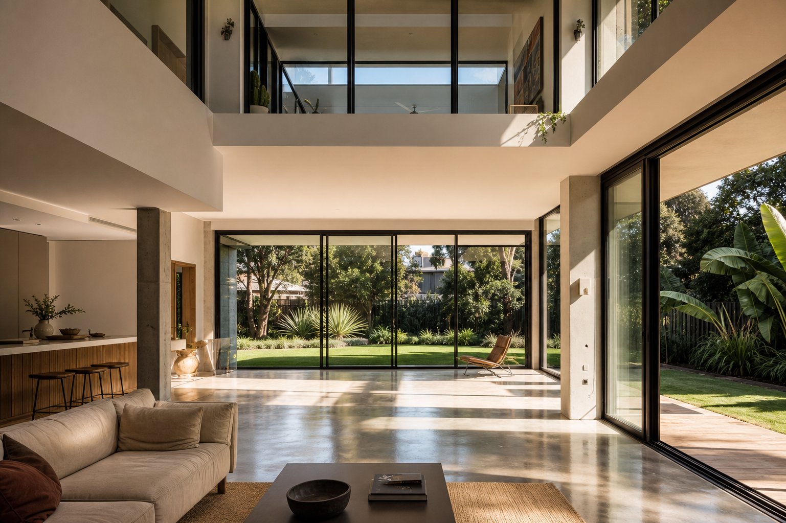 interior perspective showing how slim black aluminium frames maximise natural light and garden views