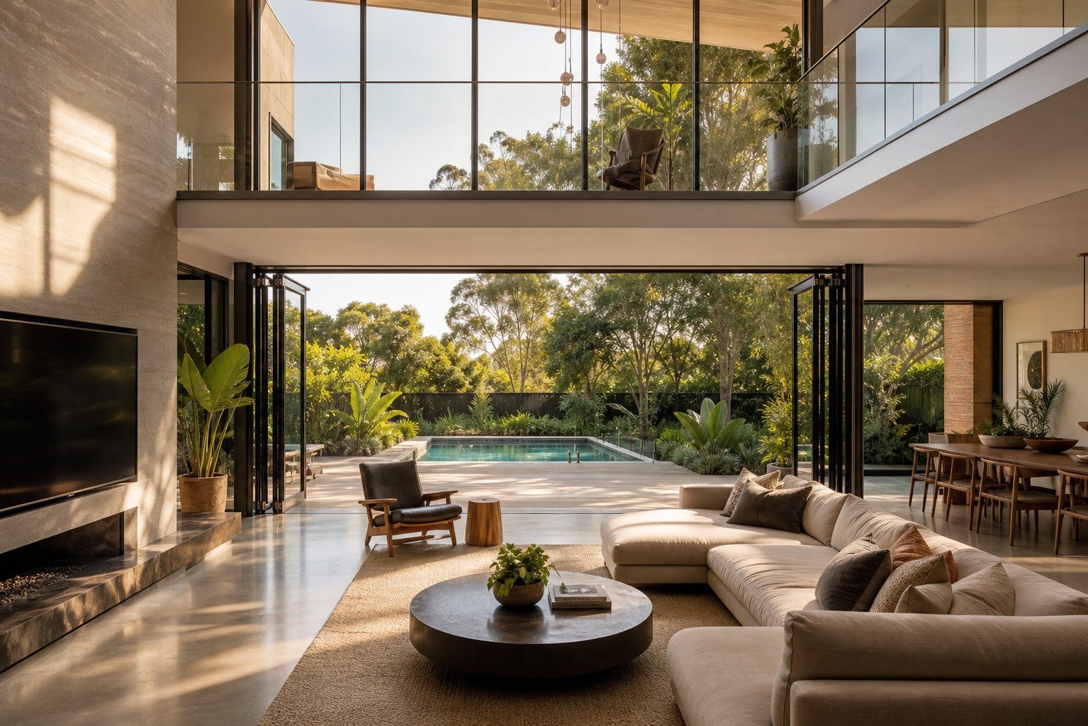 interior view through fully opened aluminium bi fold doors connecting living space to outdoor entertaining area