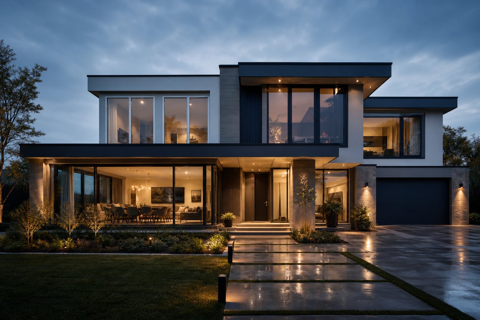 luxury home demonstrating contrast and tonal glass to frame colour pairings on aluminium windows