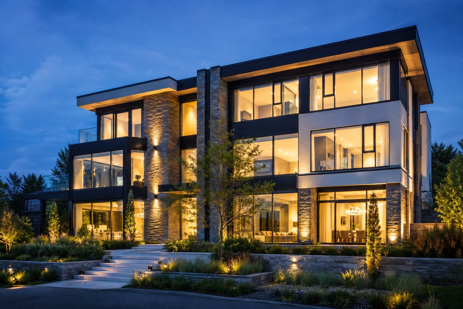 luxury residence at twilight demonstrating cohesive aluminium window design from inspiration to completed installation