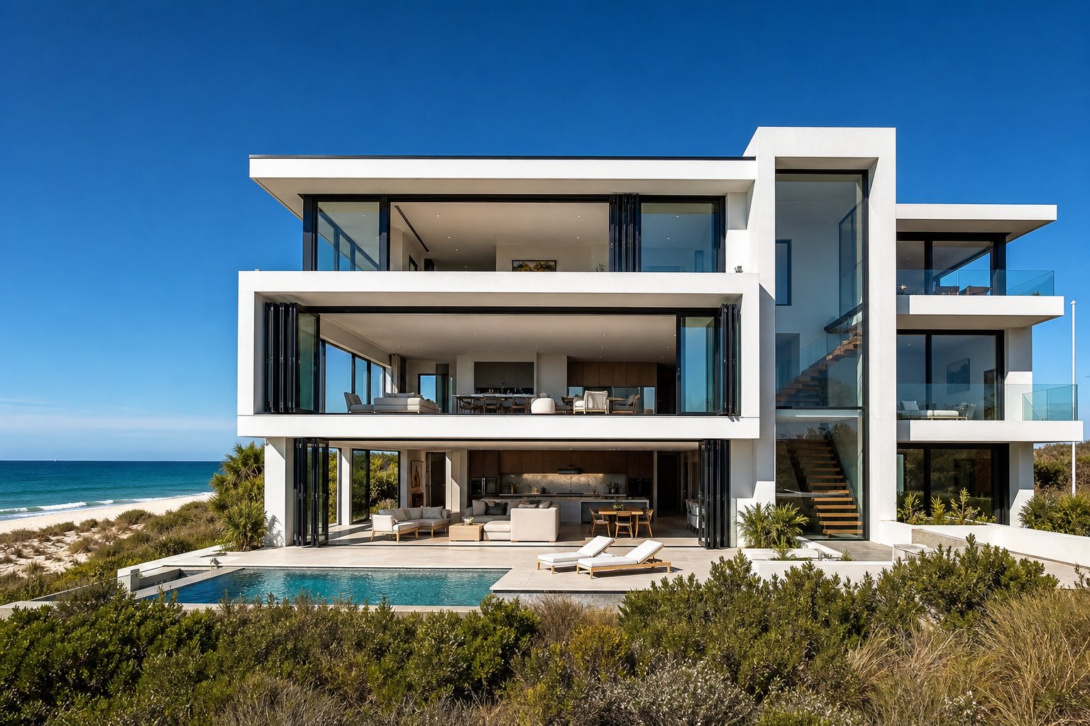matt black powder coated aluminium frames creating bold contrast on a contemporary australian coastal home