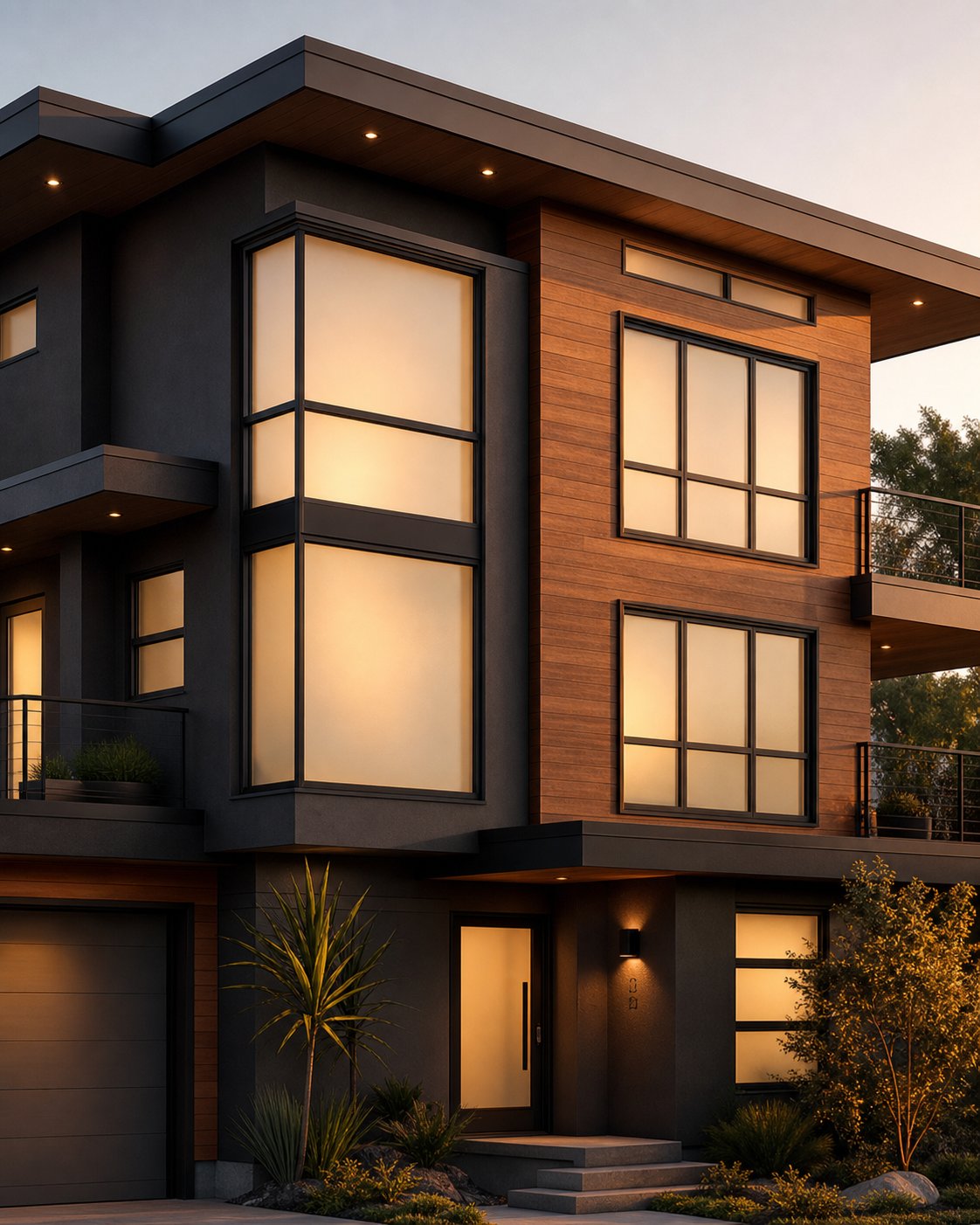 matte black aluminium frames create bold contrast against frosted glass panels on a contemporary australian home facade