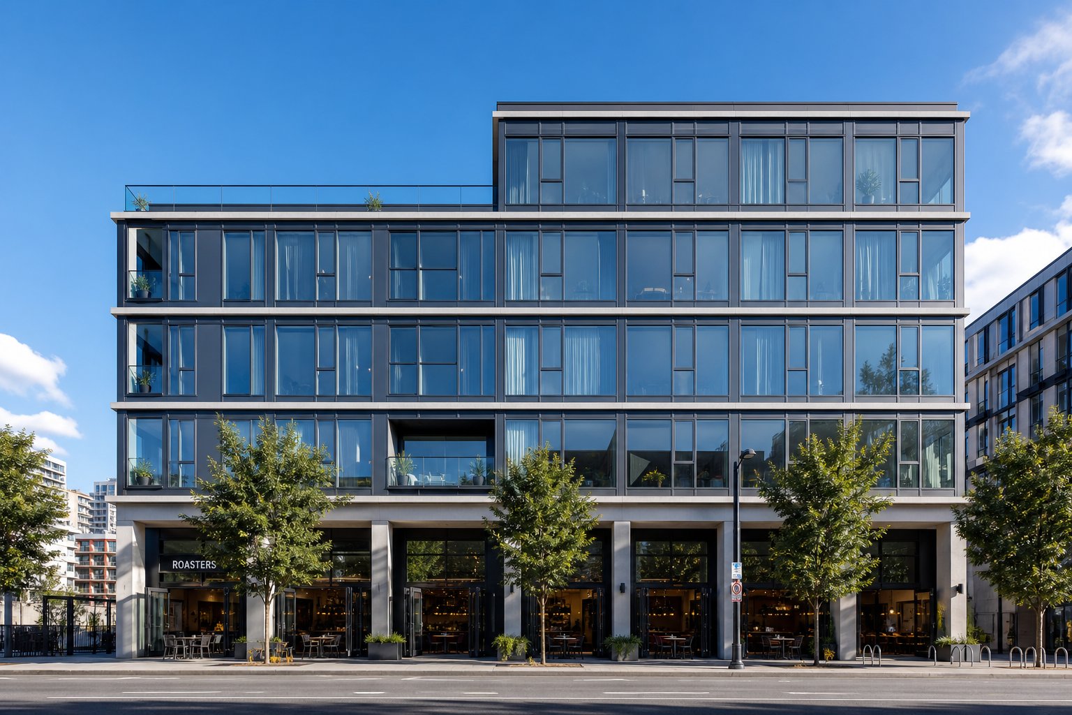 mid rise building featuring aluminium window wall systems across residential and commercial levels with integrated facade design