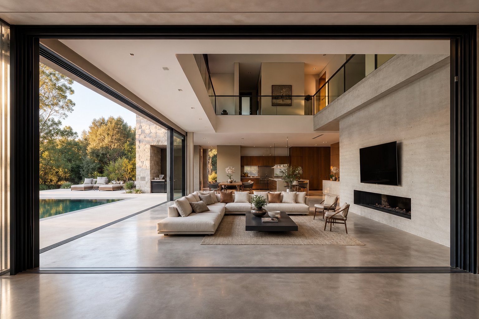 multi panel aluminium sliding system creating seamless indoor outdoor flow in a contemporary living space