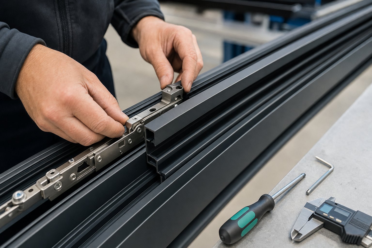multi point locking hardware being fitted into an aluminium window frame during fabrication