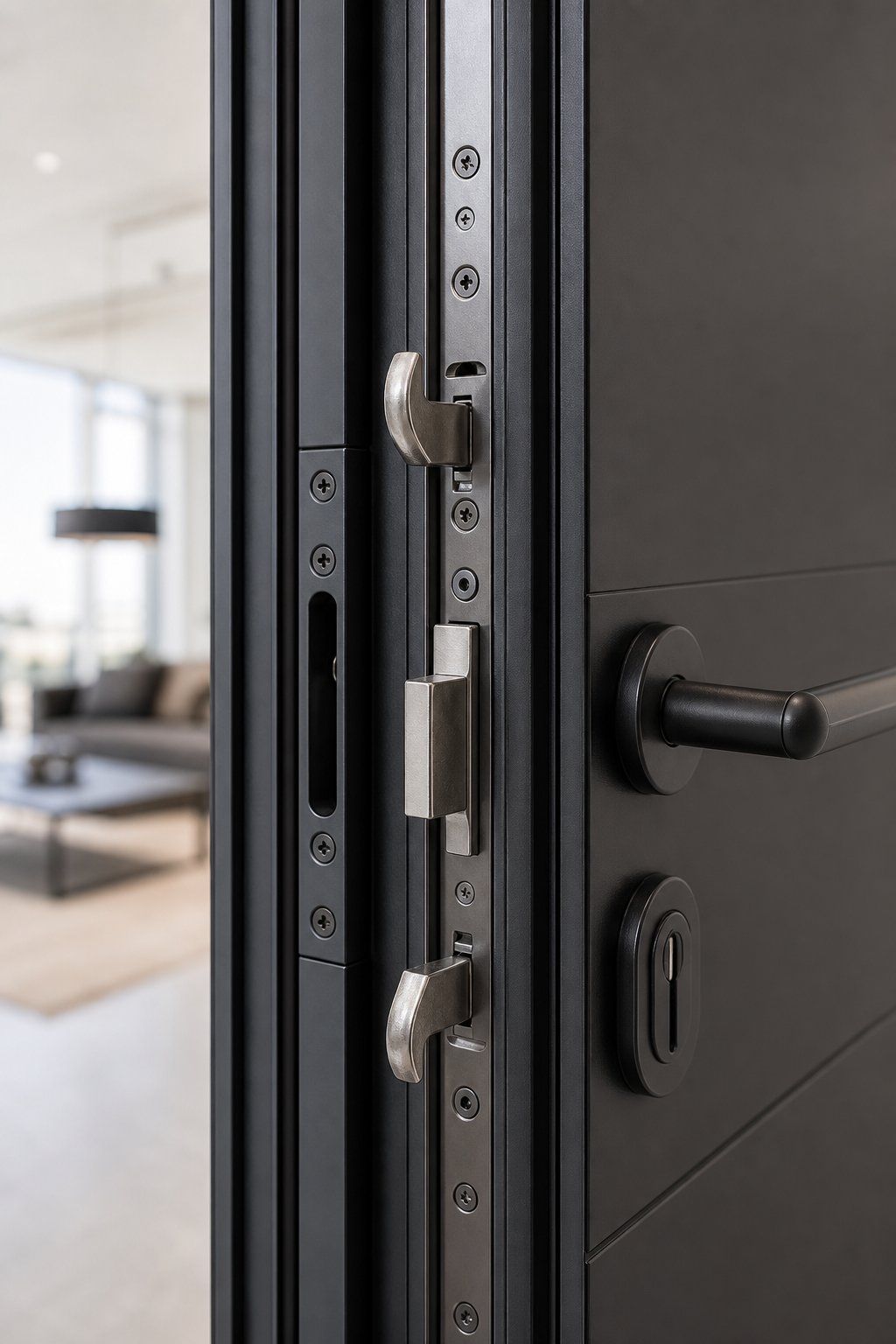 multi point locking systems engage hook bolts and deadbolts at multiple positions along the aluminium door frame for superior forced entry resistance