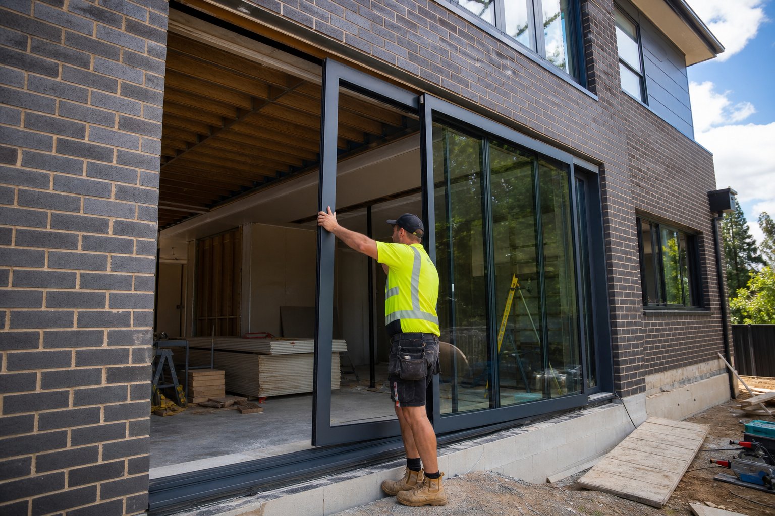 new build installation of powder coated aluminium sliding doors into prepared structural openings on an australian construction site