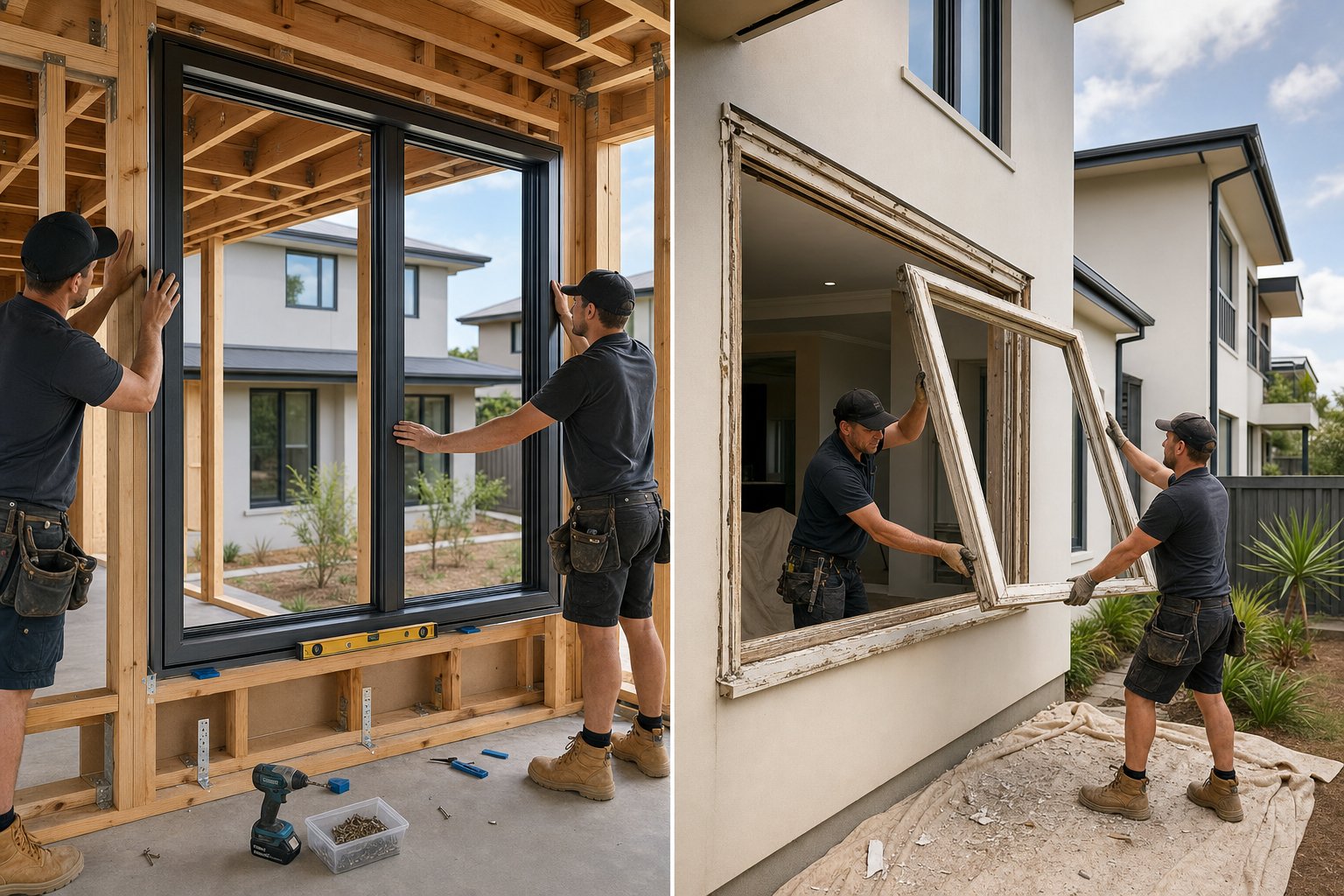 new construction vs retrofit aluminium window installation showing the difference in complexity and site conditions