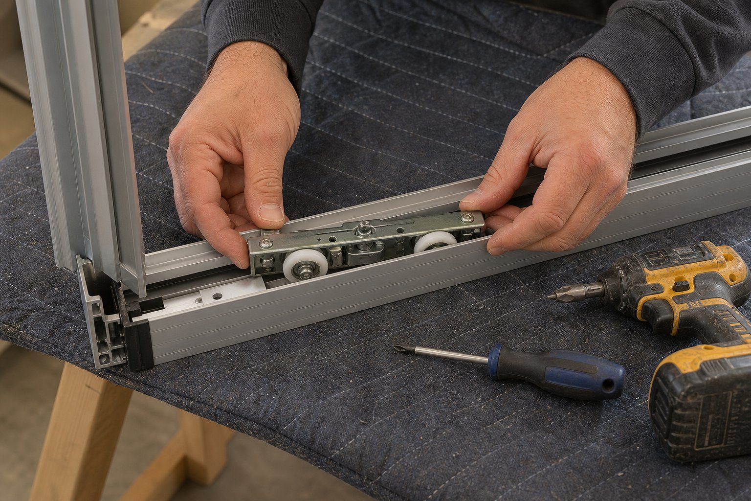 new rollers slide into the bottom channel with wheels facing down and the housing seated flush against the frame