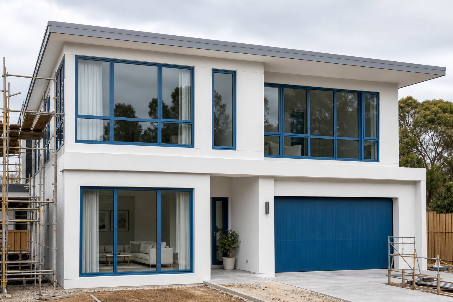 newly installed blue aluminium windows on an australian home showcasing consistent colour across casement and fixed panel types