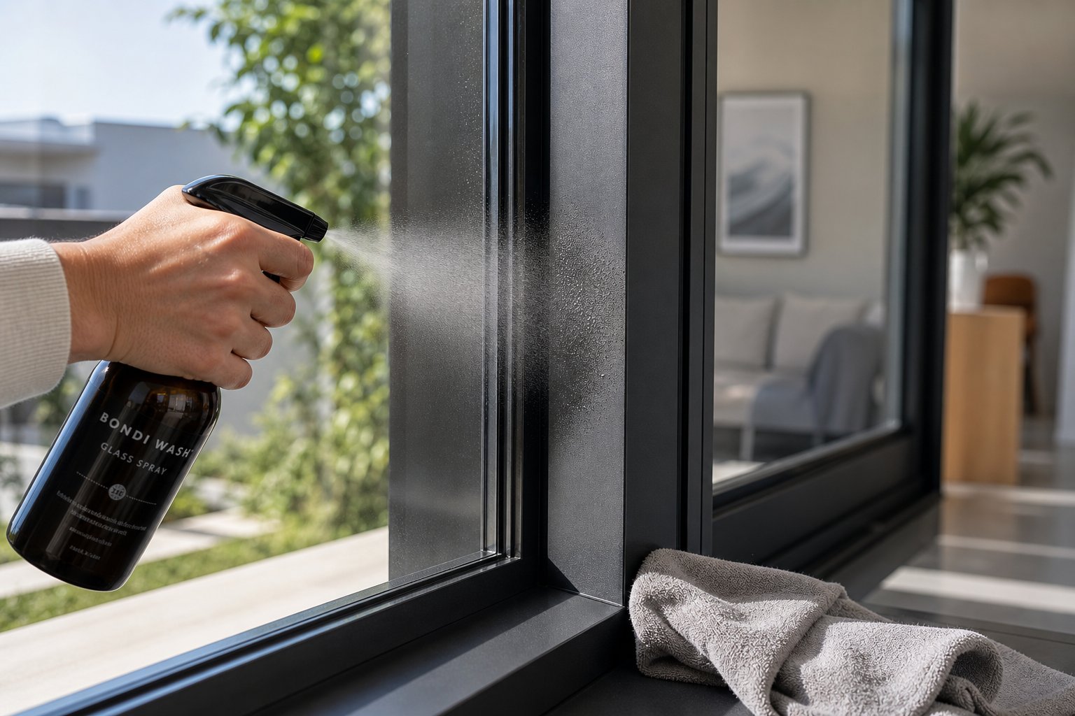 ph neutral spray applied to a powder coated aluminium frame for safe streak free routine cleaning
