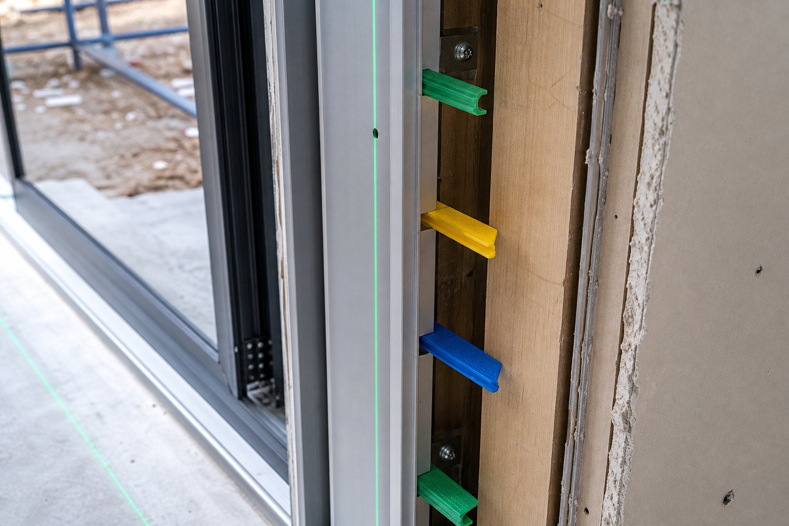 plastic composite shims positioned at fixing points ensure the aluminium frame stays plumb and level without moisture absorption